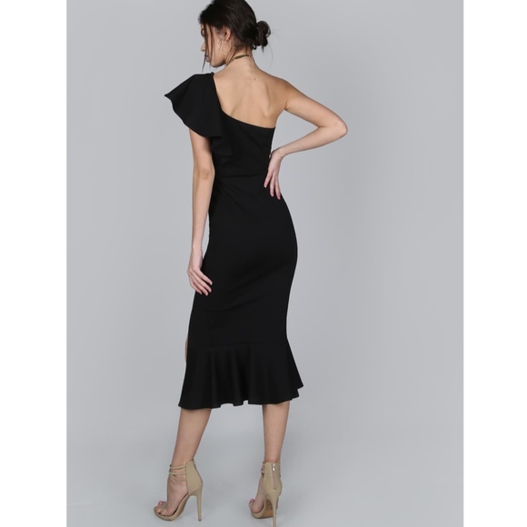 Black Ruffle Detail Leg Slit Midi Dress - Picture 5 of 8